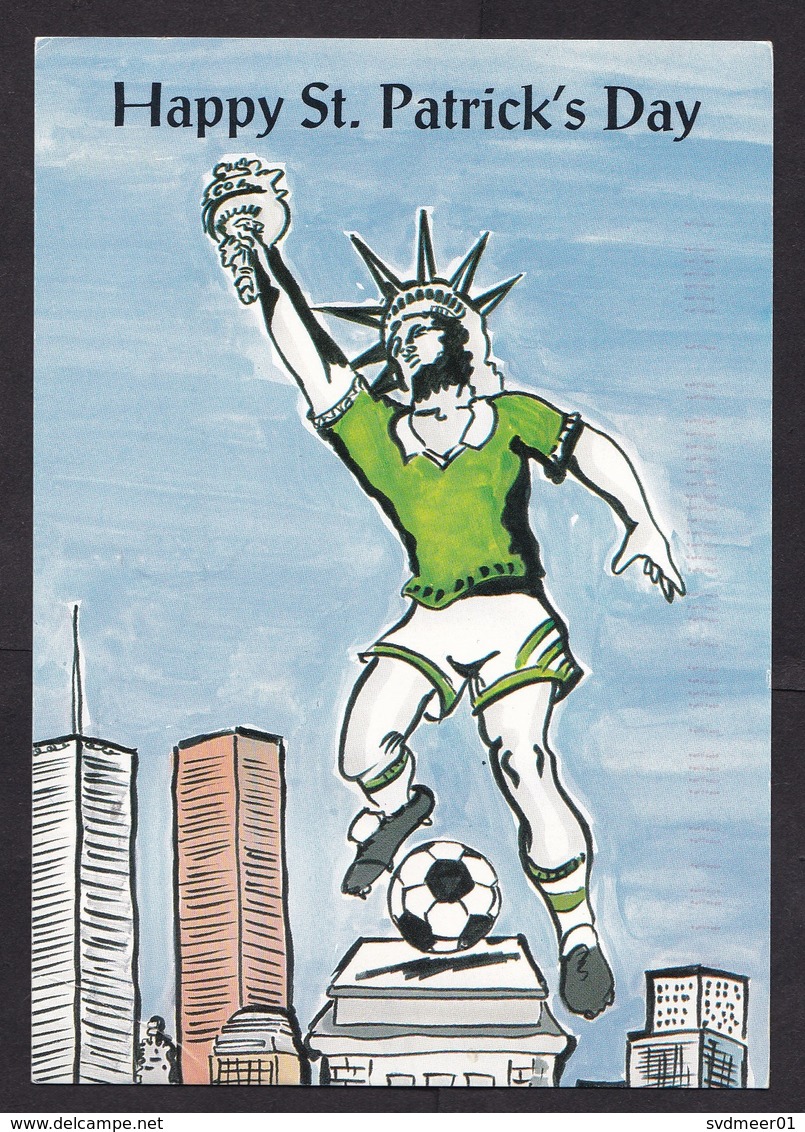 Ireland: Stationery Picture Postcard, 1994, St Patrick's Day, Soccer, Football, Statue Of Liberty (corner Crease) - Brieven En Documenten