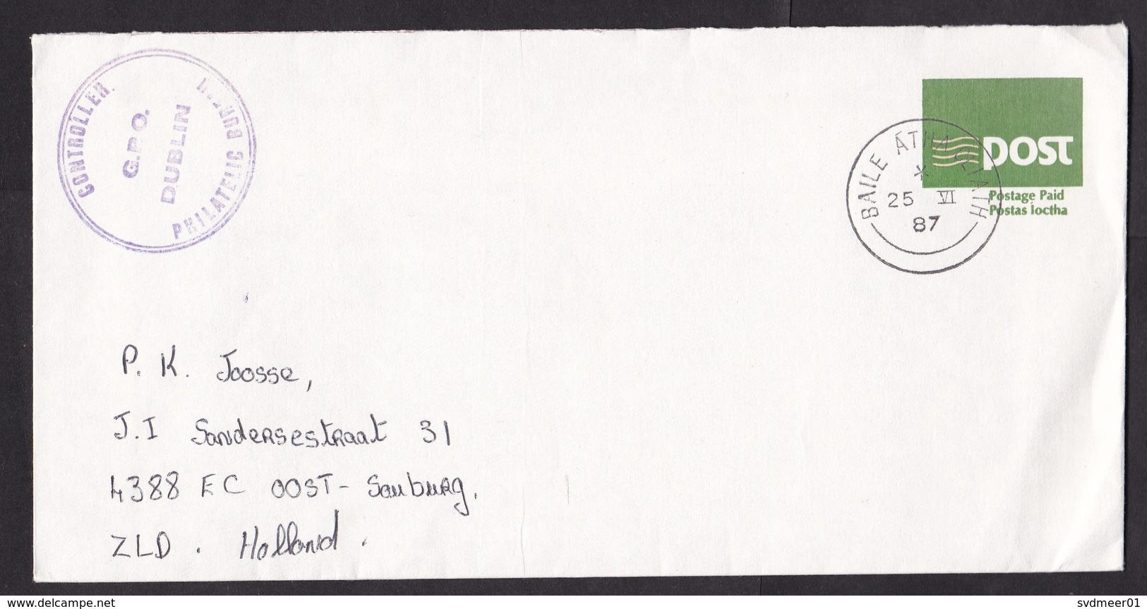 Ireland: Stationery Cover To Netherlands, 1987, Post Logo (traces Of Use) - Brieven En Documenten