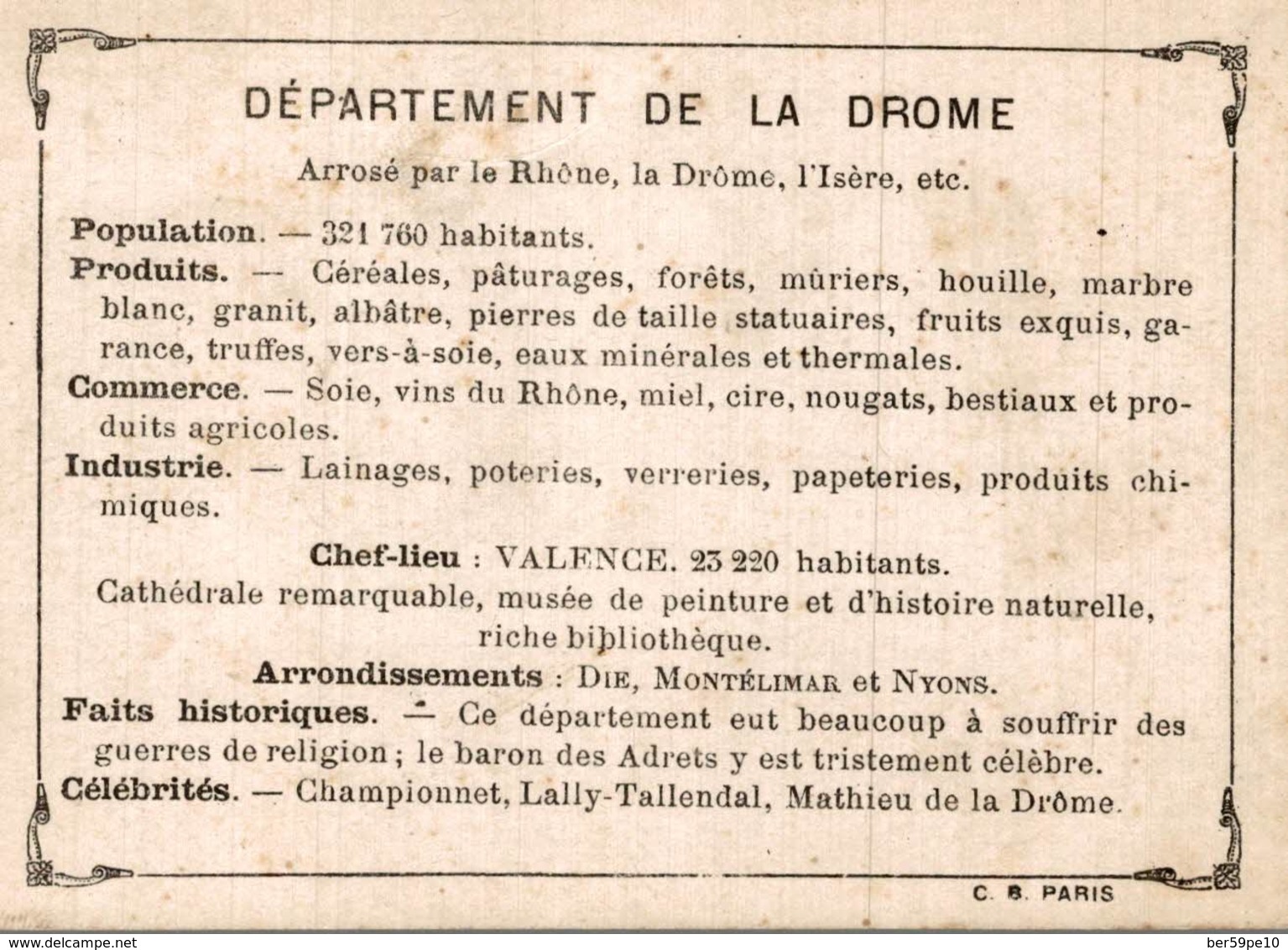 CHROMO  CARTE GEOGRAPHIQUE  DEPARTEMENT DE LA DROME - Autres & Non Classés