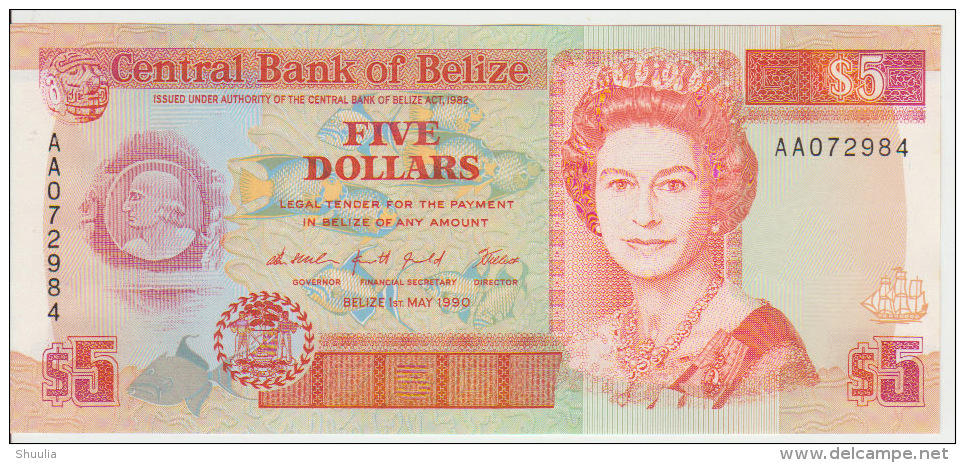 Belize 5 Dollars 1990 Pick 53a UNC Series AA - Belize