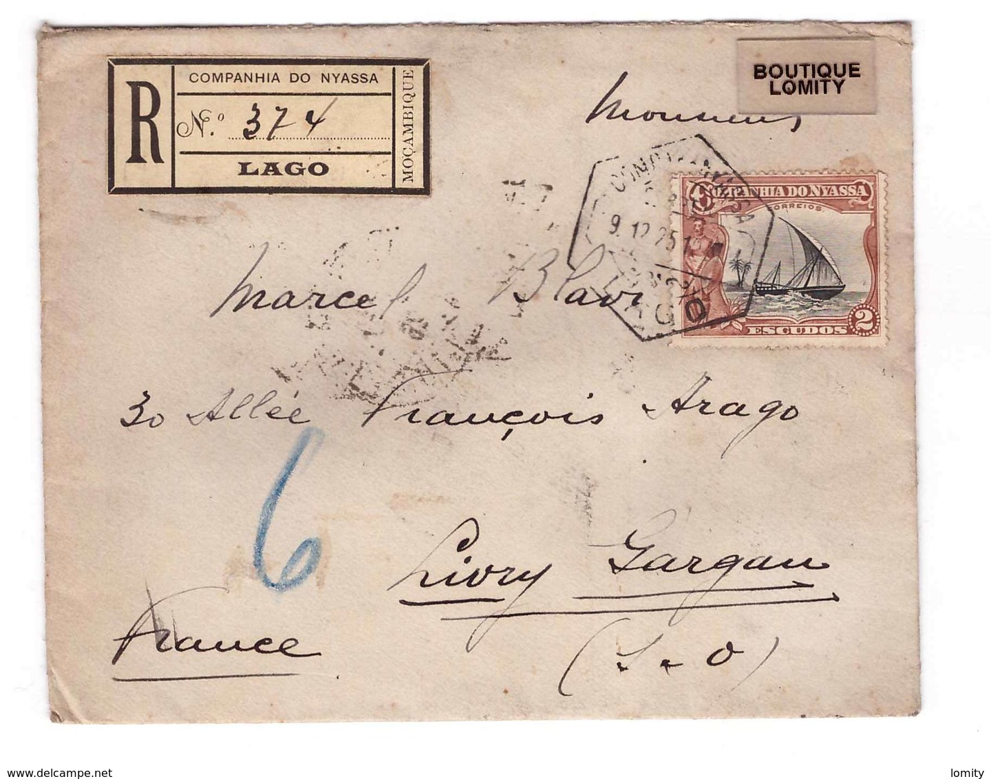 Companhia Do Nyassa Mocambique Mozambique Lettre Recommandée Pli Recommandé 9.12.1925 Pour Livry Gargan France Cachet - Nyassa