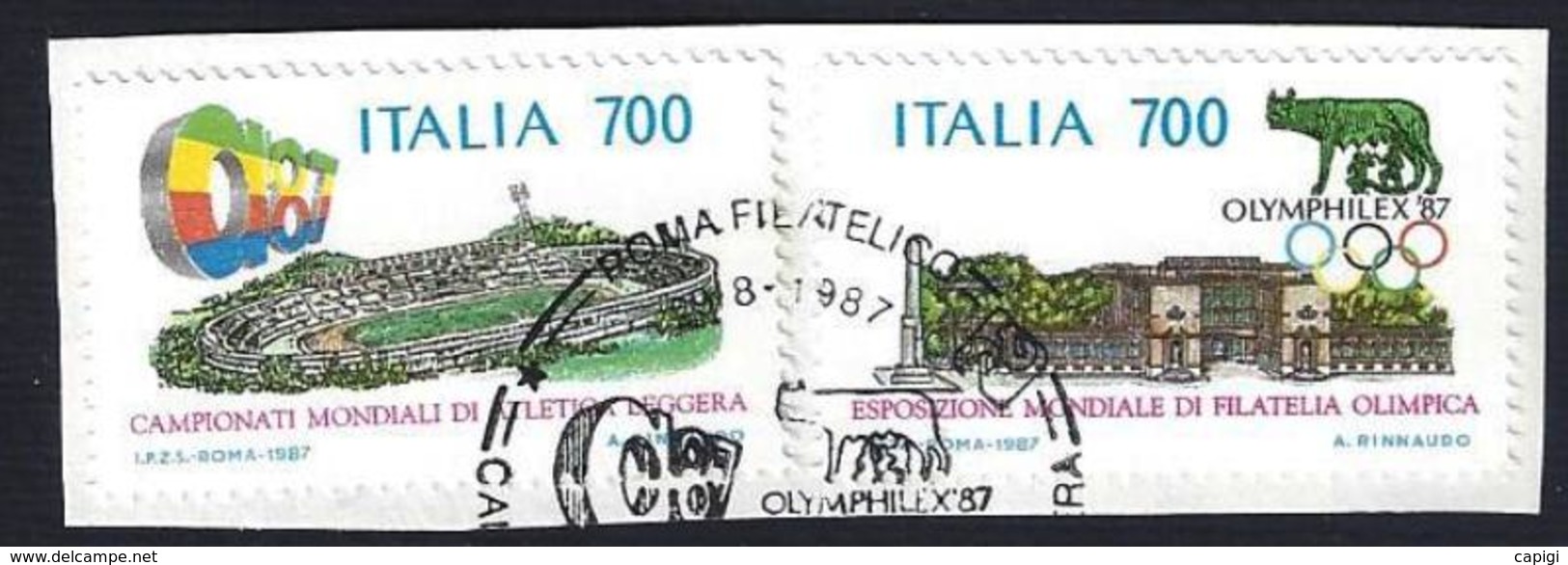 1987- ITALIA - ESPOSIZIONE MONDIALE FILATELIA OLYMPHILEX'87 - USATO SU FRAMMENTO #1 - 1981-90: Usati