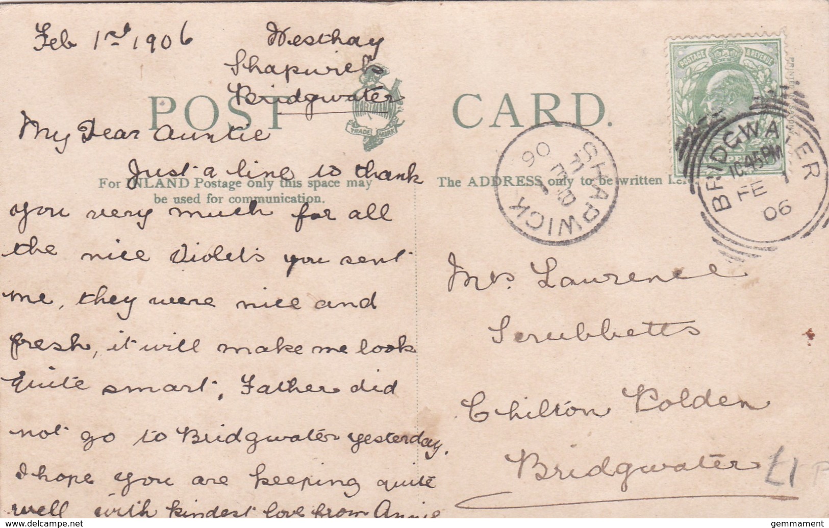 1906 SQUARED CIRCLE CANCELLATION. BRIDGEWATER @ SINGLE CIRCLE, SHAPWICK - Postmark Collection