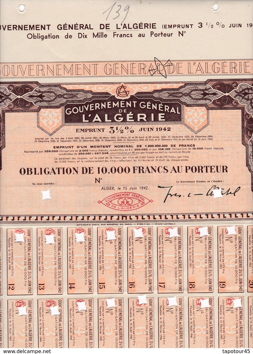 Th4  GOUVERNEMENT : ALGERIE - Obligation De 10000 Frs		1942     (24) - Autres & Non Classés