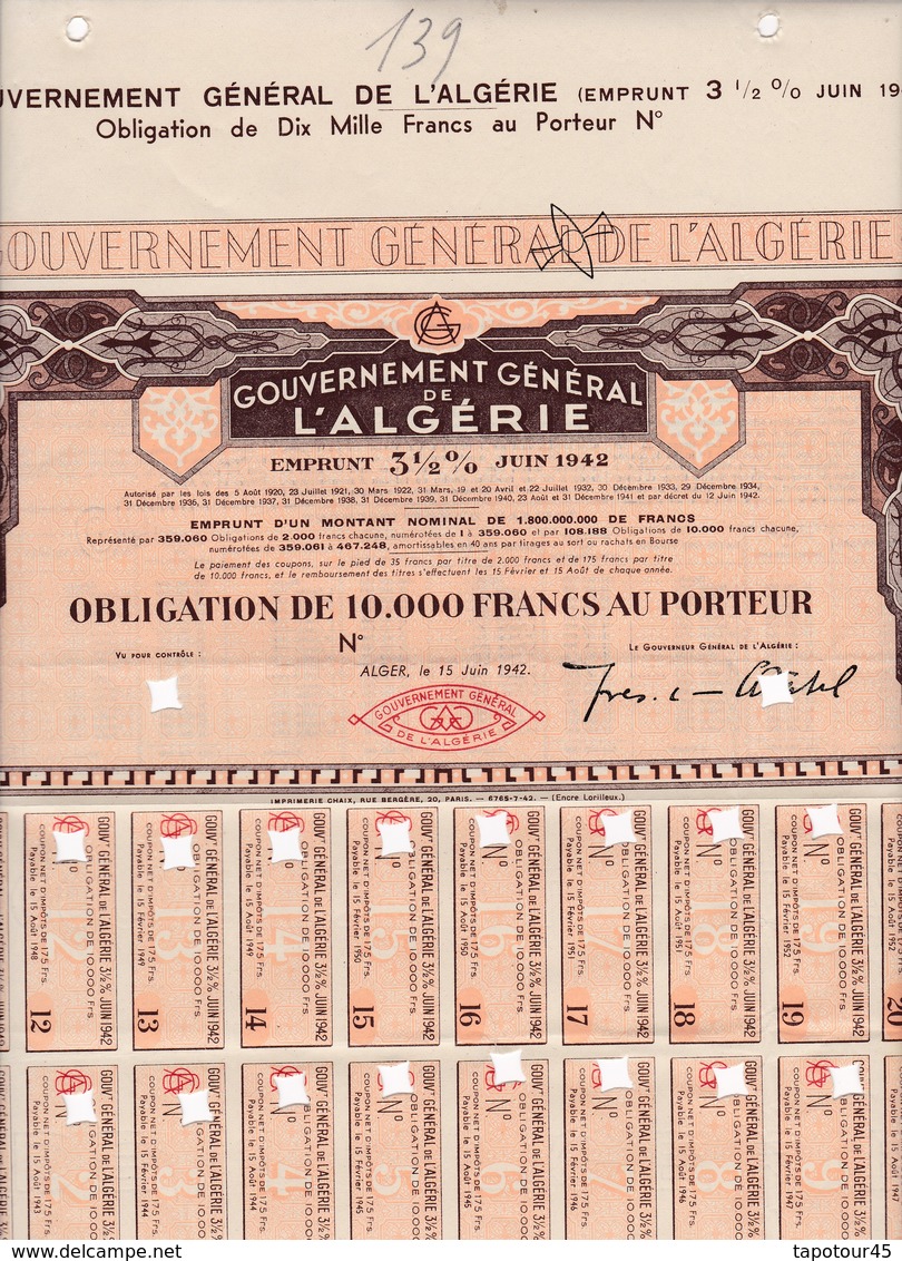 Th4  GOUVERNEMENT : ALGERIE - Obligation De 10000 Frs		1942     (24) - Other & Unclassified