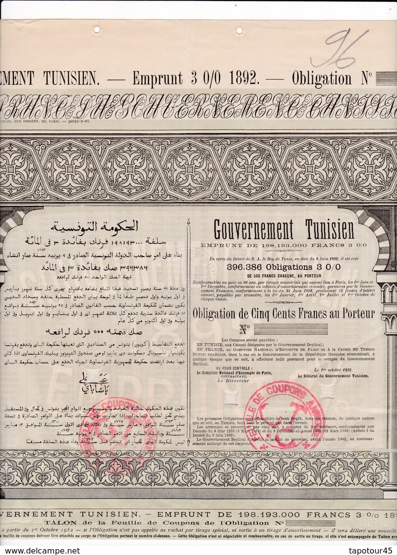 Th4  GOUVERNEMENT : TUNISIEN - Obligation De 500 Frs		1892    (25) - Sonstige & Ohne Zuordnung