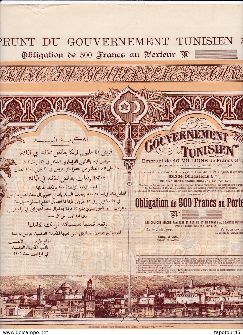 Th4  GOUVERNEMENT : TUNISIEN - Obligation De 500 Frs		1902   (26) - Autres & Non Classés