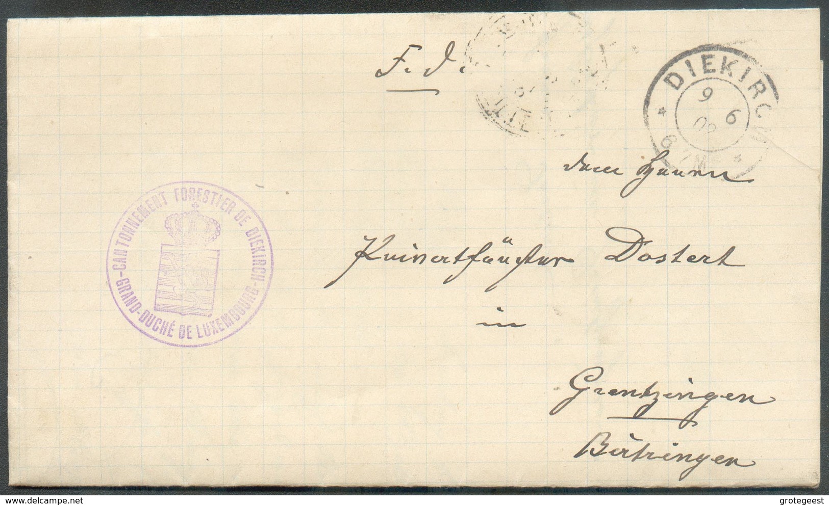 Lettre En Franchise De Port De DIEKIRCH Le 9-6-1902 Avec Cachet Violet CANTONNEMENT FORESTIER DE DIEKIRCH * GRAND-DUCHE - Dienst