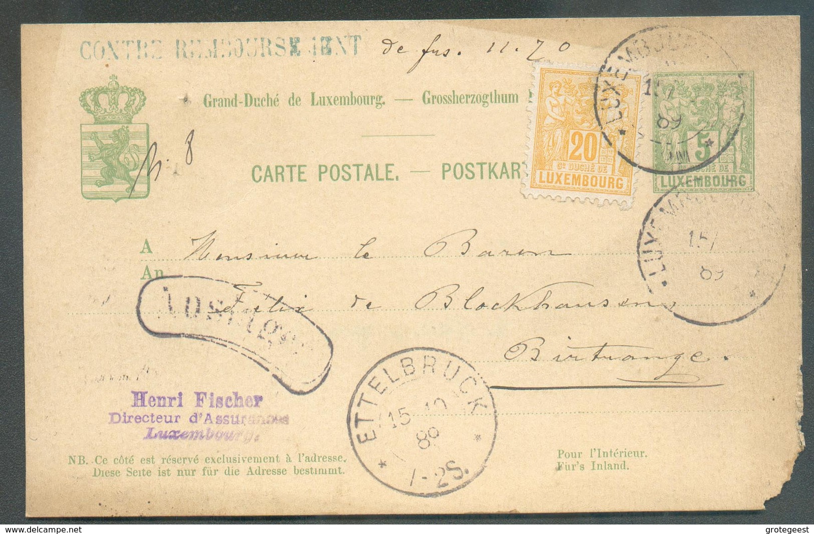 E.P. Carte 5 Centimes Allégorie + Tp De 20 Centimes (jaune-orange) Obl. Dc LUXEMBOURG-VILLE Du 15-10-1889 + Griffe AUSLA - Stamped Stationery