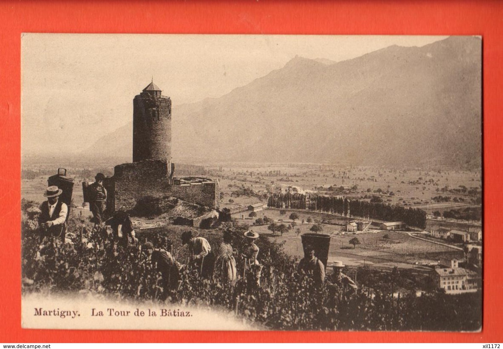 EBJ-20 Martigny Vendanges Et Vendangeurs à La Tour De La Bâtiaz, Porteurs. Circulé Martigny-Ville 1910. Scan Du Dos - Martigny