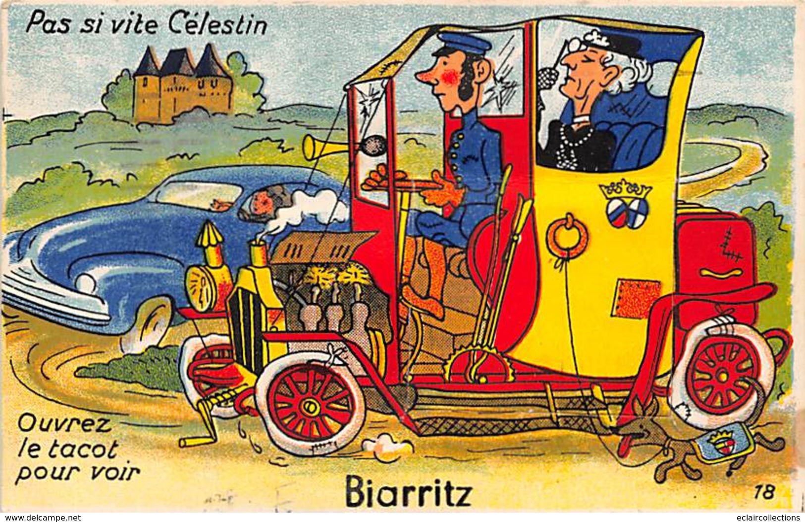 Biarritz    64      Carte A Système Dépliant Mini Vues .Voiture Ancienne.Va Pas Si Vite Célestin   (voir Scan) - Biarritz