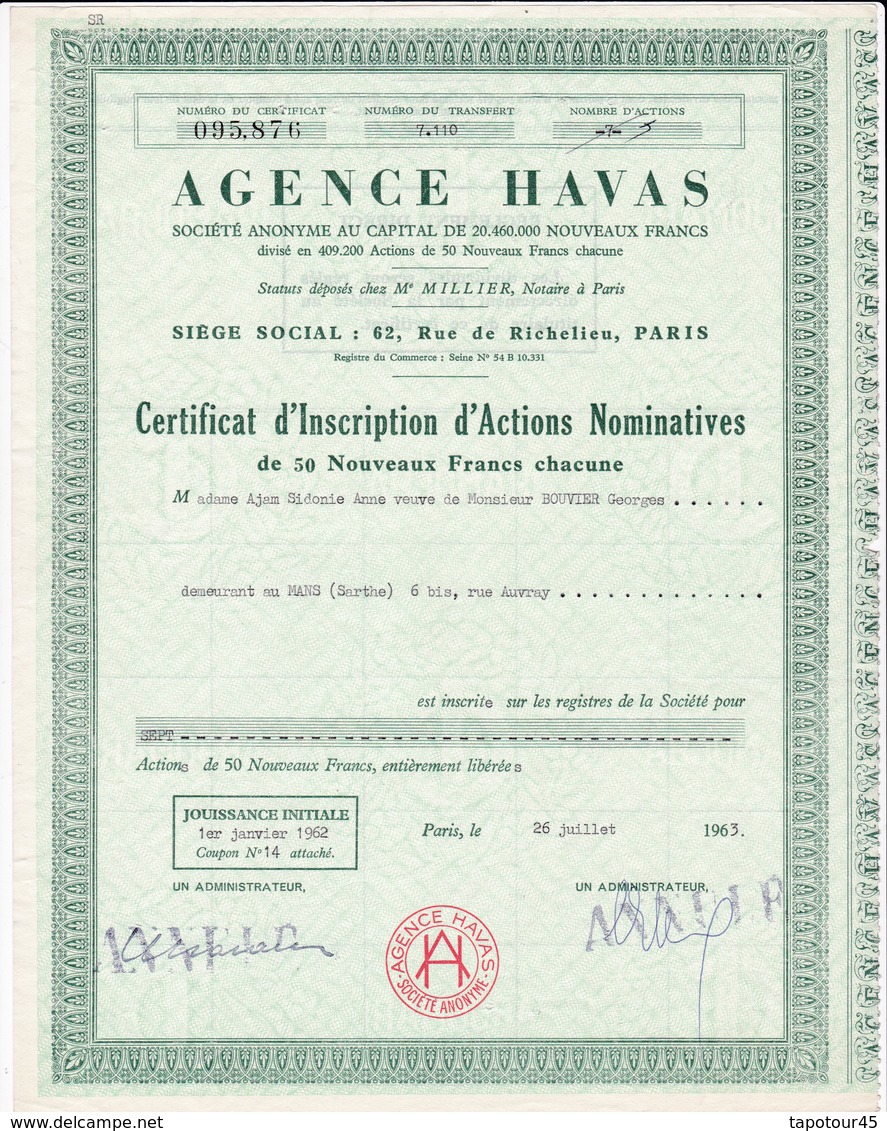 Th4  AGENCE HAVAS : Certificat		1963		N° 31 - Autres & Non Classés