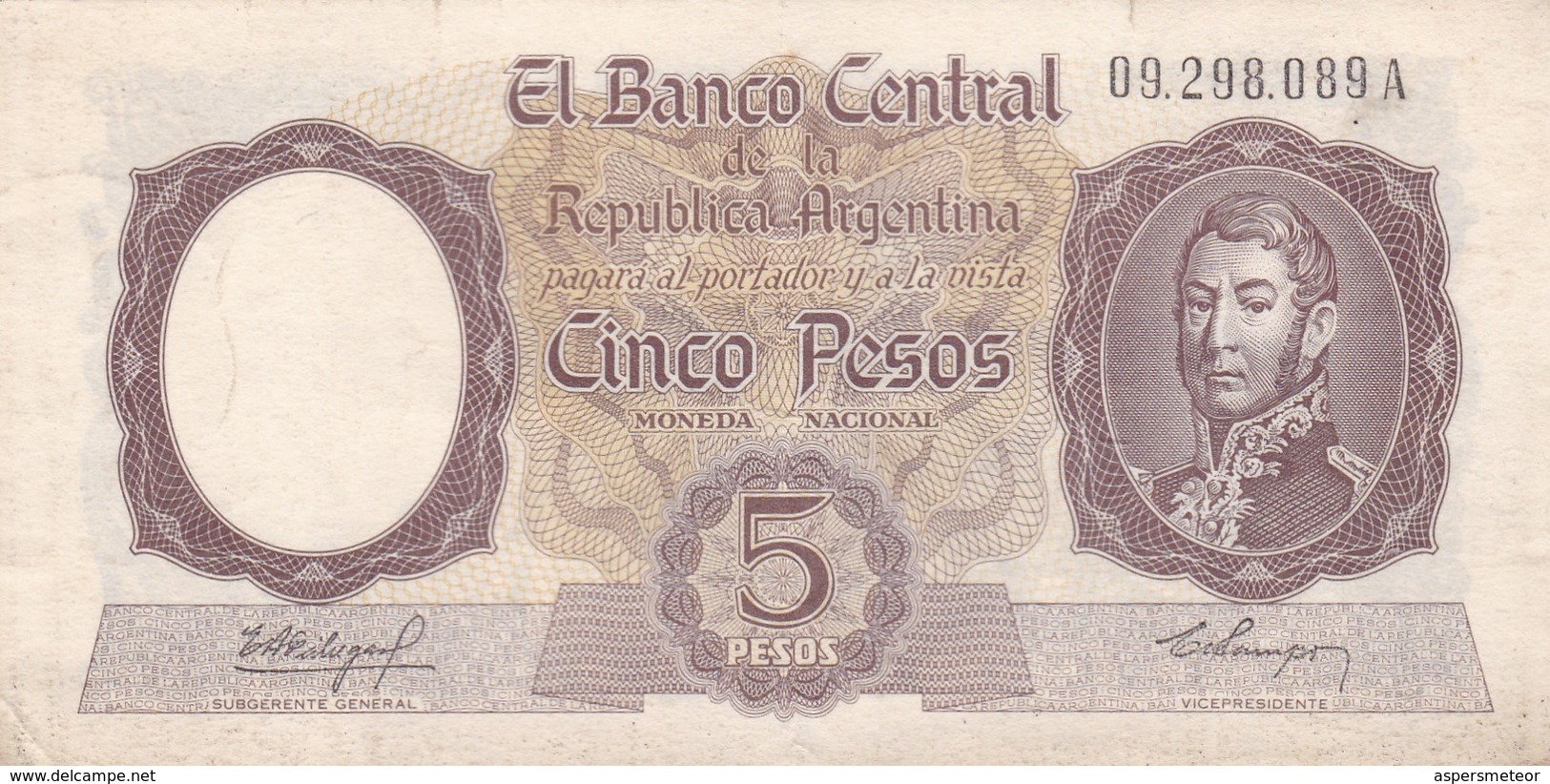 5 PESOS REPUBLICA ARGENTINA SAN MARTIN BANCO CENTRAL CIRCA 1958 SERIE A- BLEUP. - Argentinië