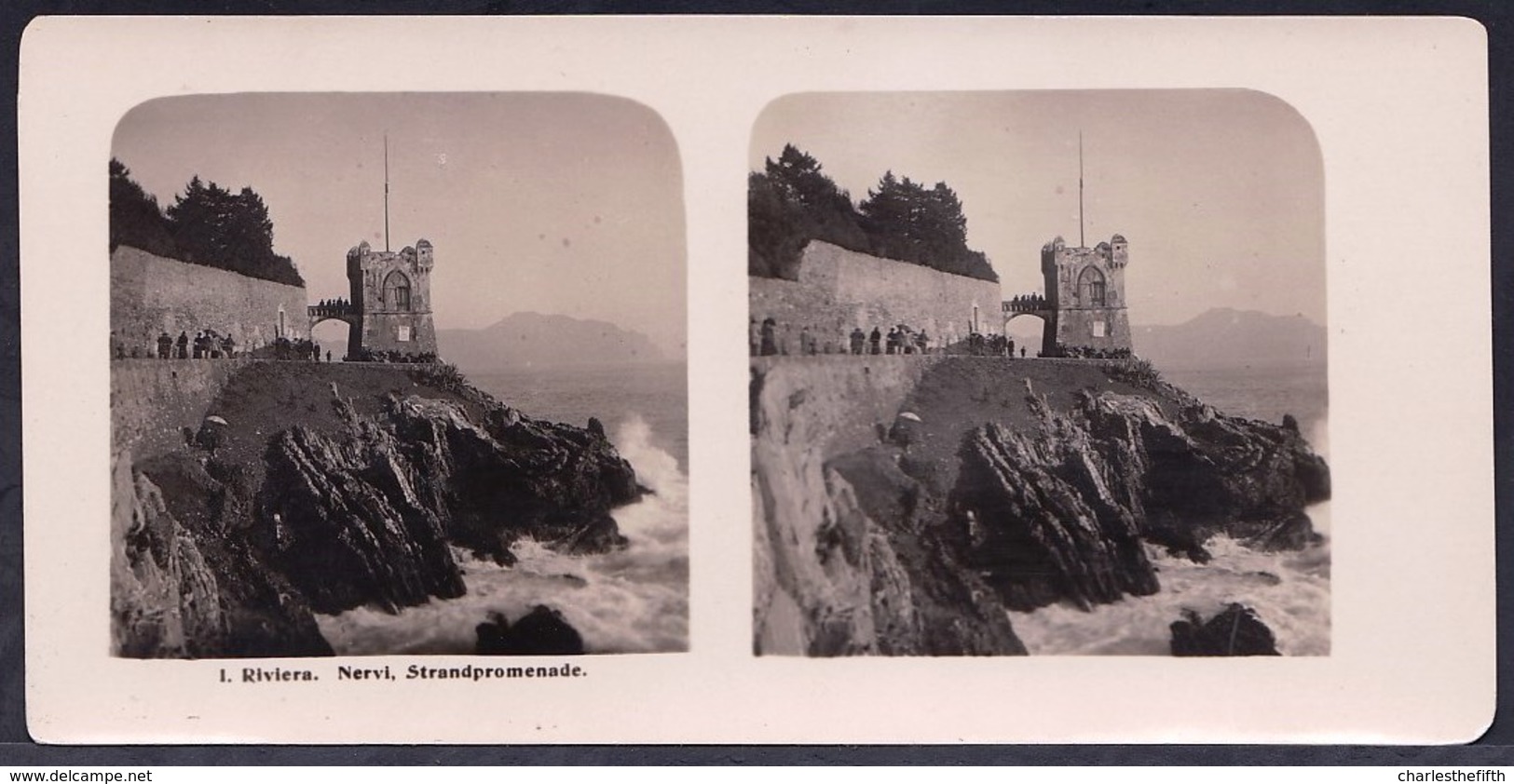 SUPERB STEREO PHOTO ITALIA - LIGURIA - GENOA - NERVI ----  PROMENADE AT THE RIVIERA - Stereoscoop