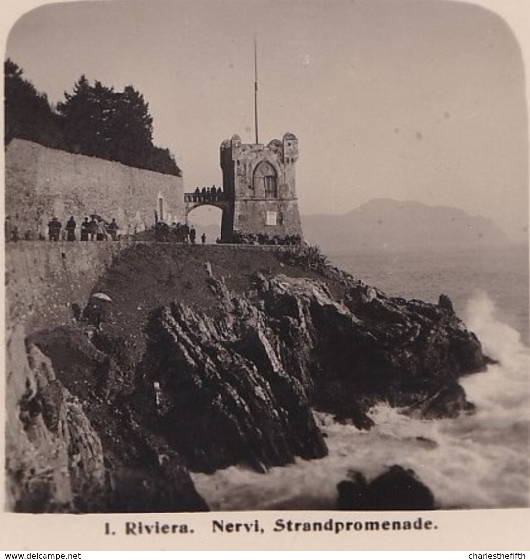 SUPERB STEREO PHOTO ITALIA - LIGURIA - GENOA - NERVI ----  PROMENADE AT THE RIVIERA - Fotos Estereoscópicas