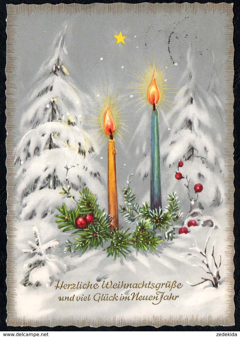 C0798 - TOP Glückwunschkarte Weihnachten -  Winterlandschaft Kerzen Schneefall - Horn - Altri & Non Classificati