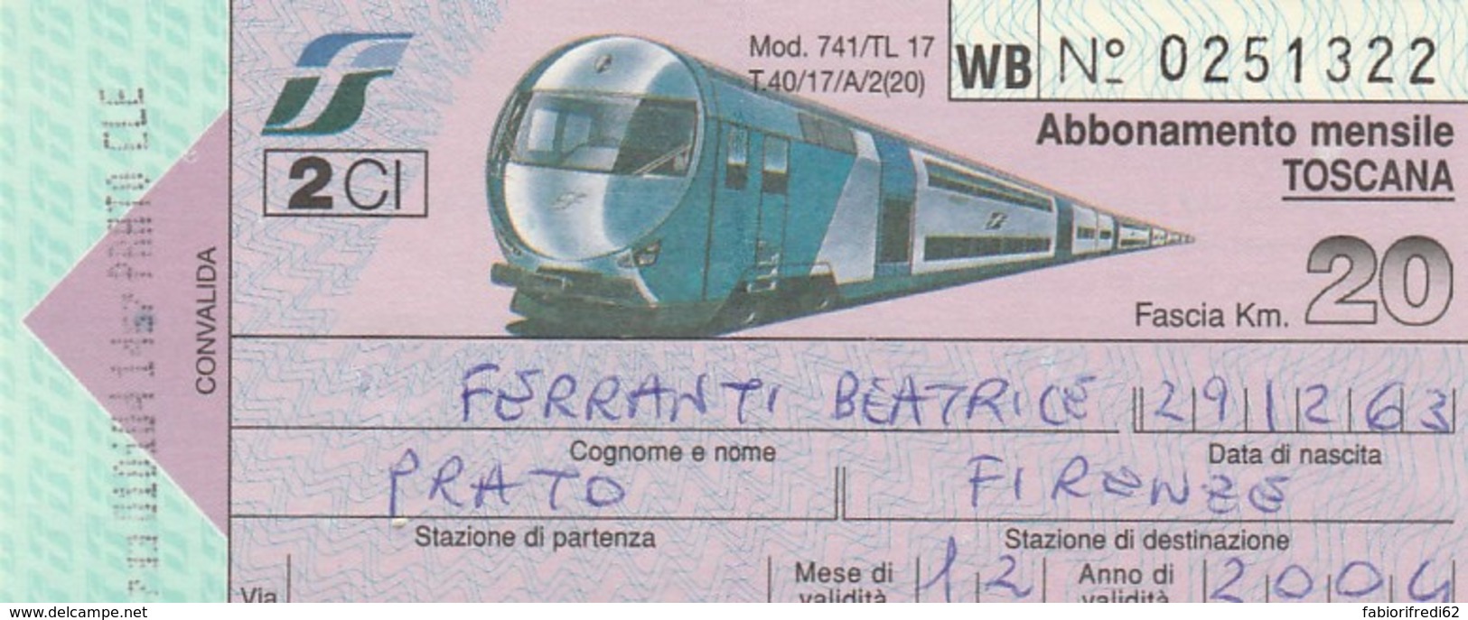 BIGLIETTO TRENO  ABBONAMENTO MENSILE TOSCANA (VB535 - Europe