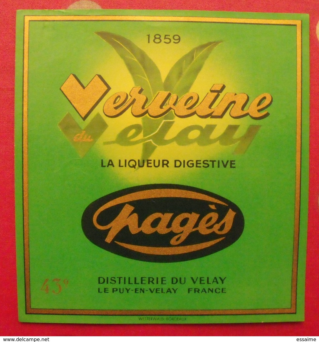 Publicité Grande étiquette Verveine Du Velay, La Liqueur Digestive Pagès Distillerie Du Velay, 43°. Vers 1960 - Publicités