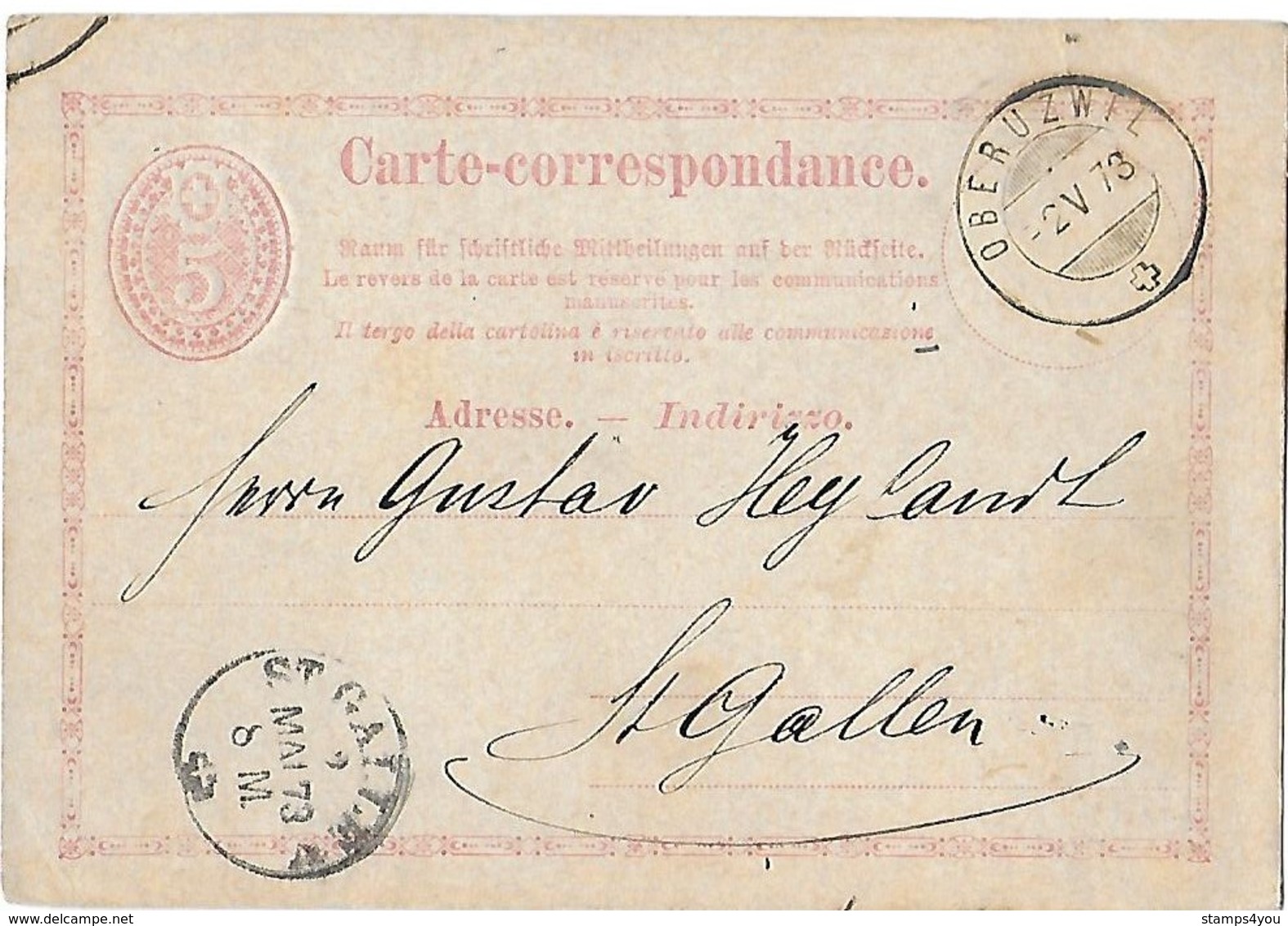 162 - 9 -  Entier Postal Avec Superbes Cachets à Date De Oberuzwil Et St Gallen 1873 - Postwaardestukken