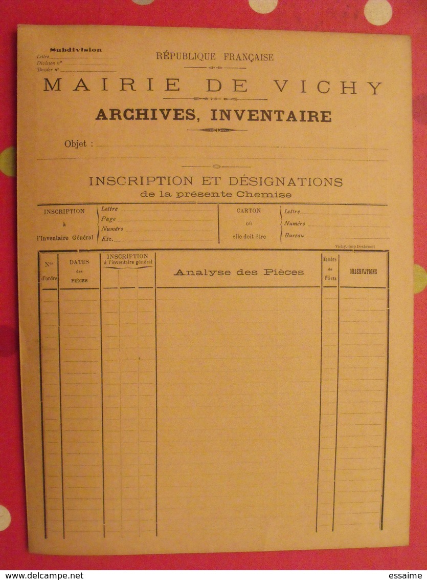 Porte-documents Dossier, Mairie De Vichy . Archives Inventaire. Vierge. Années 1900 - Documents Historiques