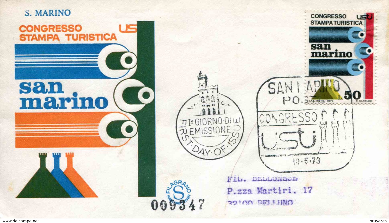 ENV. De 1973 De San Marin Avec Timbre "Congrès De La Presse Touristique" - Oblit. PJ 10.5.73 - Lettres & Documents