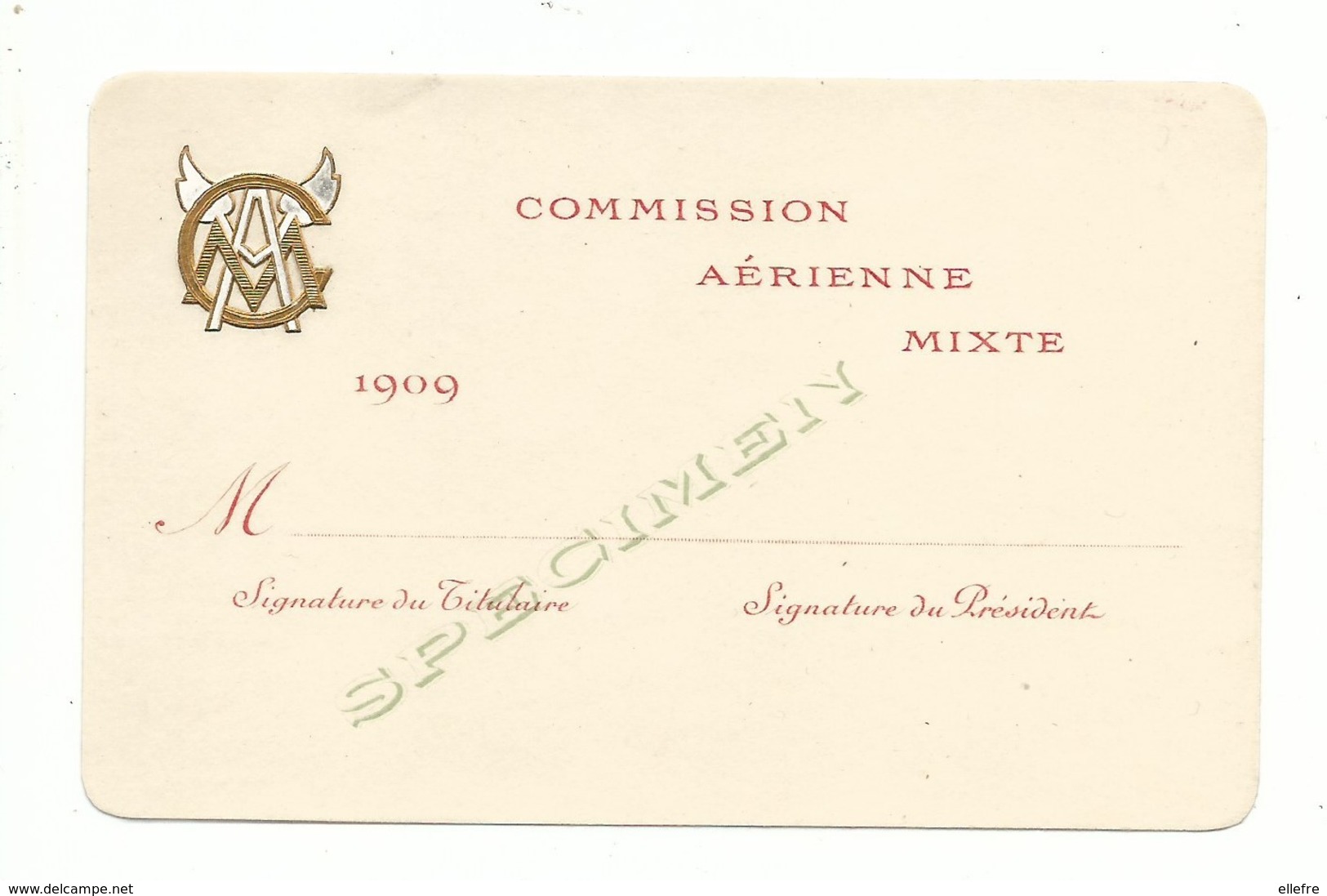 Carte De Visite Ancienne Commission Aérienne Mixte 1909 Spécimen Avec Cigle Doré à L'or Fin ( Stern Imprimeur Paris ) - Cartes De Visite