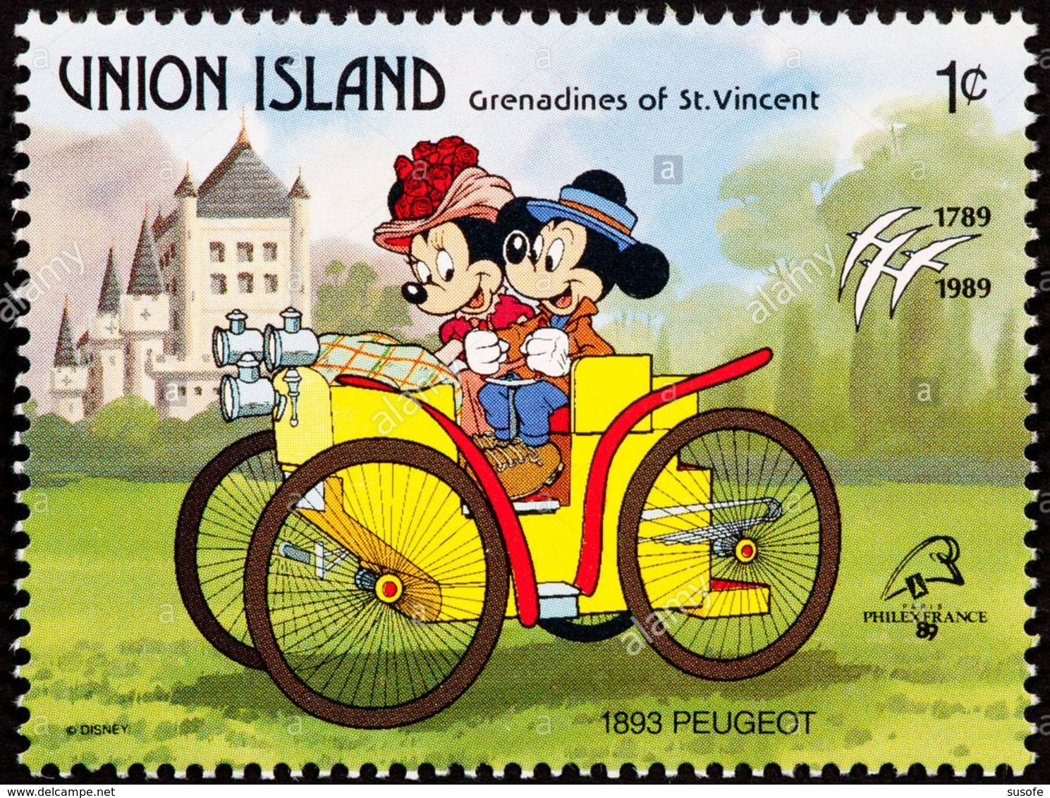 Union Island (St.Vincent) 1989 Scott 241 Sello ** Walt Disney Coches Antiguos Mickey Y Minnie En Peugeot 1893 1c Union - Disney