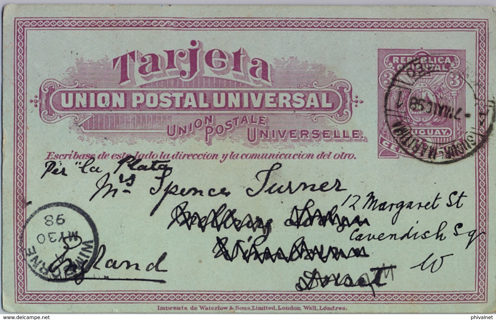 1898 , URUGUAY , ENTERO POSTAL CIRCULADO , MAT. MONTEVIDEO / SUCURSAL MARITIMA - WIMBORNE , LLEGADA - Uruguay