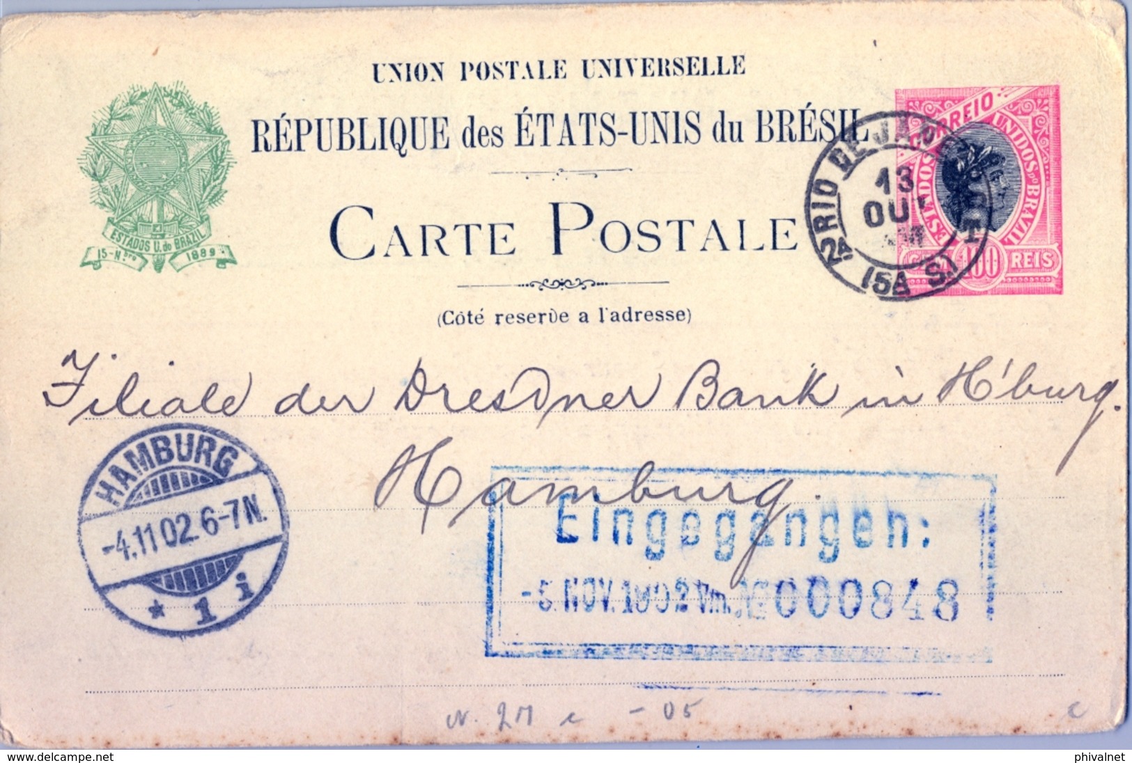 1902 , BRASIL , ENTERO POSTAL CIRCULADO , RIO DE JANEIRO - HAMBURGO , LLEGADA - Postwaardestukken