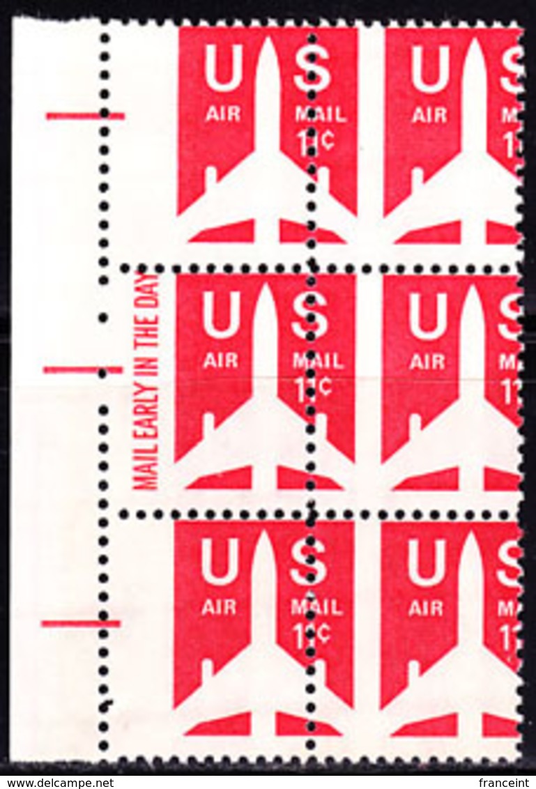 U.S.A. (1973) Airplane. Scott No C78. Yvert No PA74. Nice Perforation Error In Margin Block Of 6 - Varietà, Errori & Curiosità