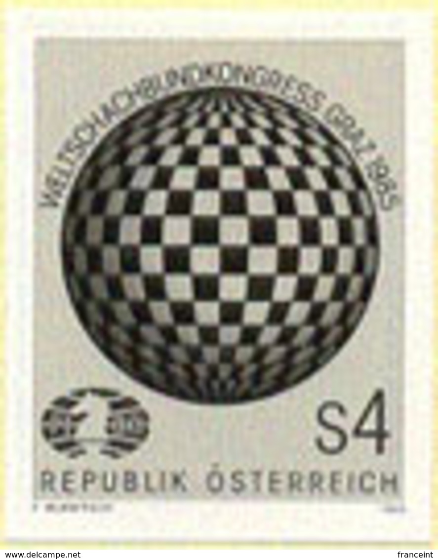 AUSTRIA (1985) Chessboard On Globe. Black Print. World Chess Federation Congress. Scott No 1323, Yvert No 1652. - Chess