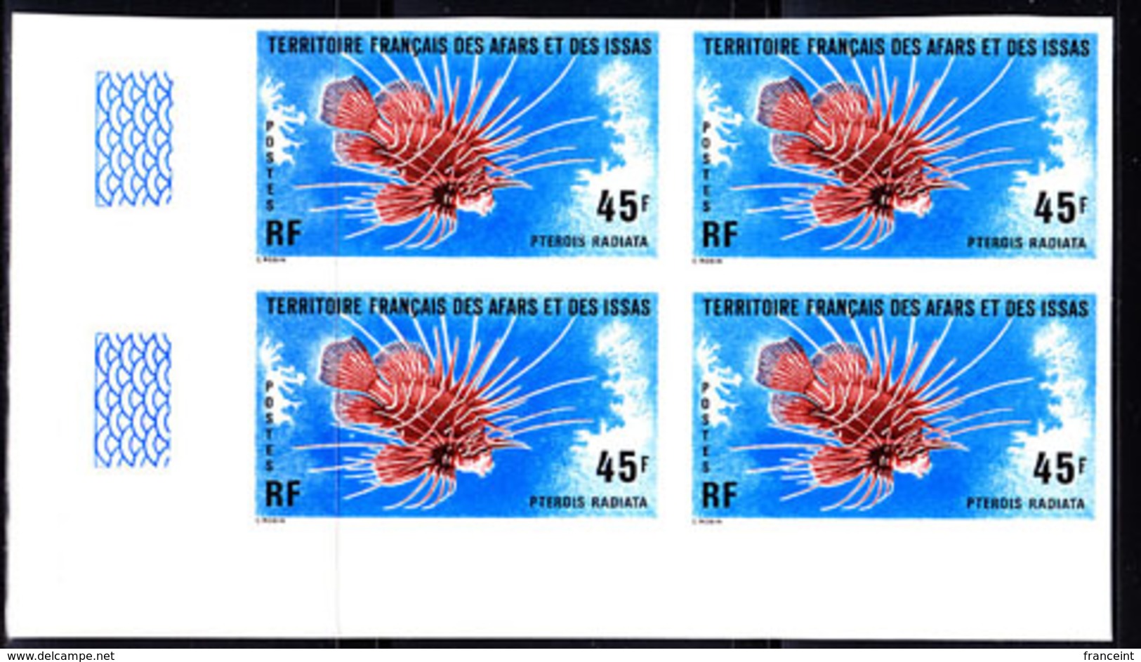 AFARS & ISSAS (1976) Pterois Radiata. Imperforate Corner Block Of 4. Scott No 428, Yvert No 435. - Altri & Non Classificati