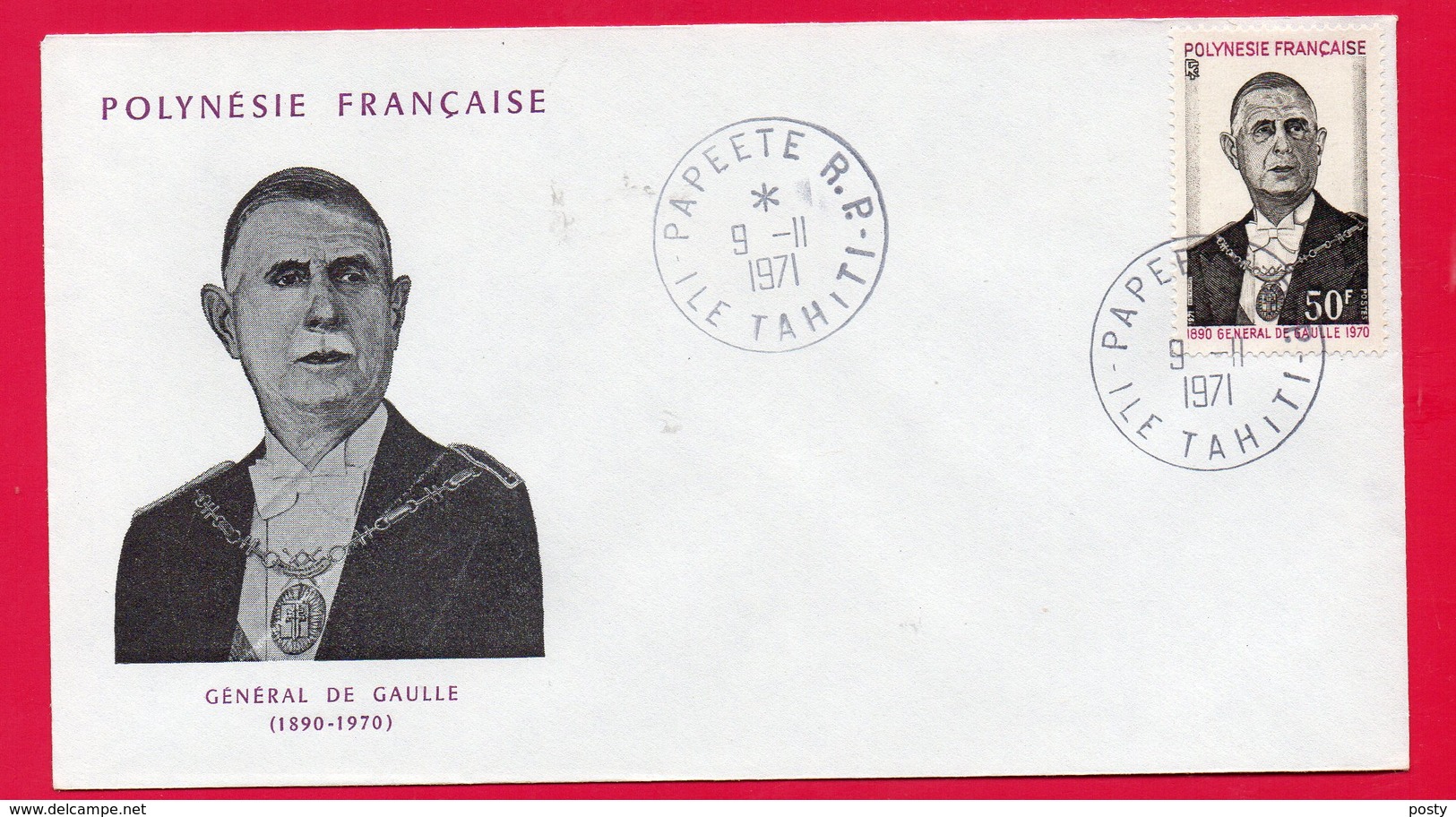 POLYNESIE FRANCAISE - ENVELOPPE 1er JOUR - FDC - GENERAL DE GAULLE - 09/11/1971 A PAPEETE - 50f - - FDC