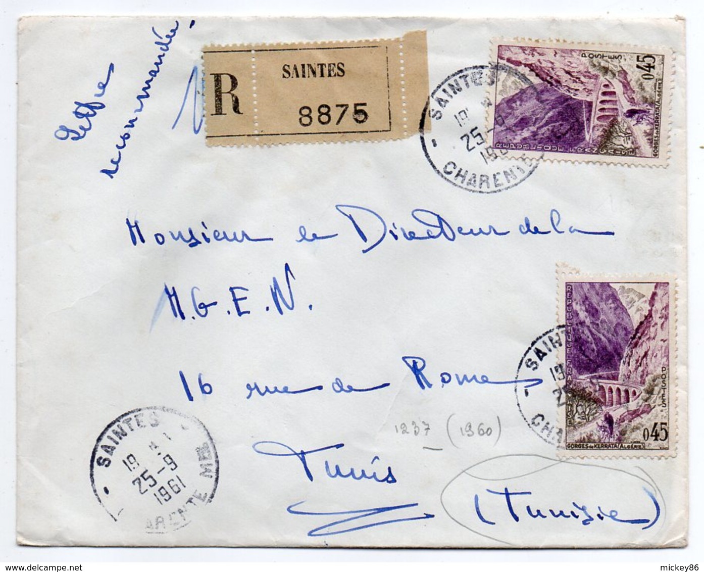 1961-lettre Recommandée Internationale De SAINTES-17 Pour TUNIS (Tunisie)-Composition Tps-cachets - 1961-....