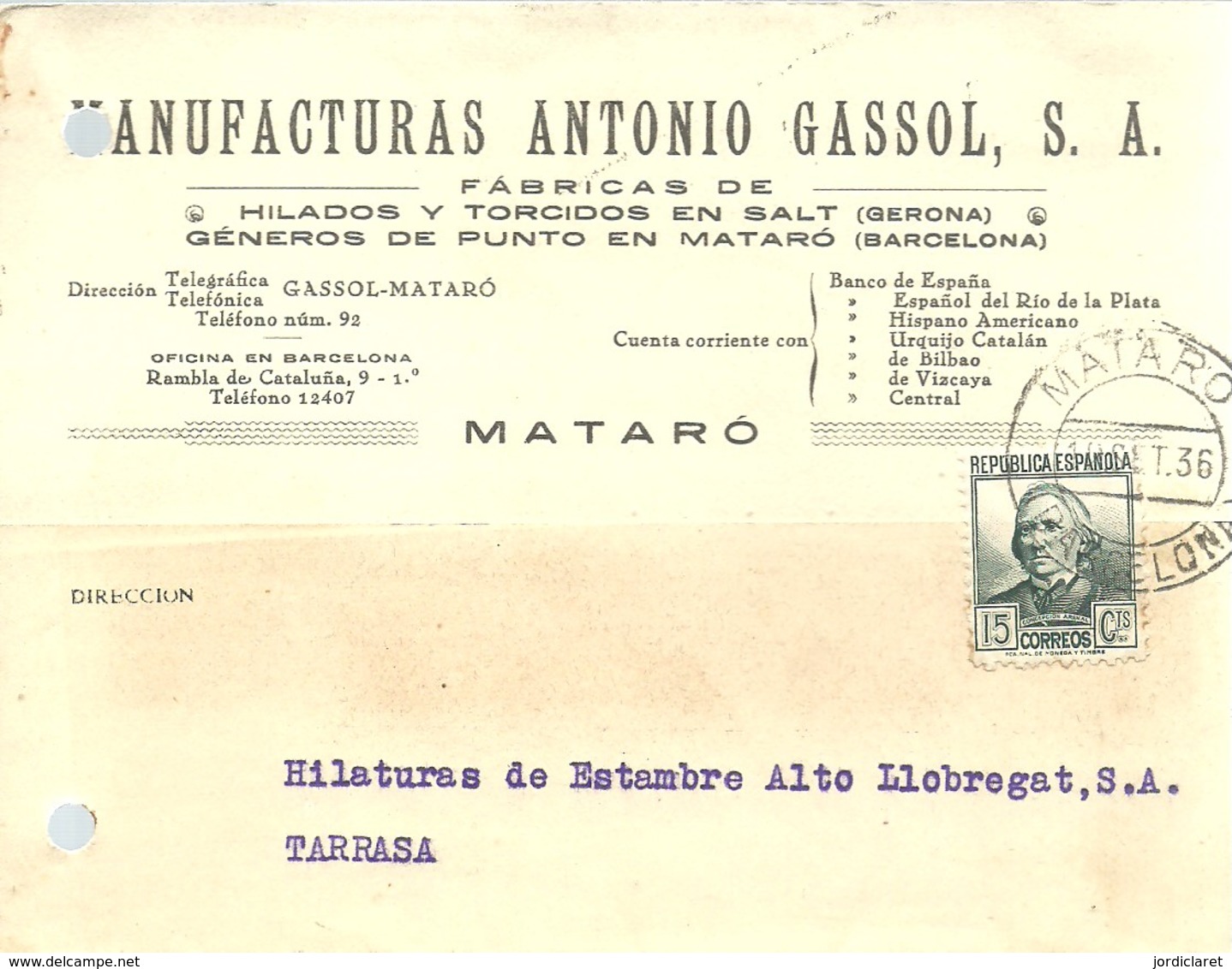 TARJETA COMERCIAL 1936 MATARO - Cartas & Documentos