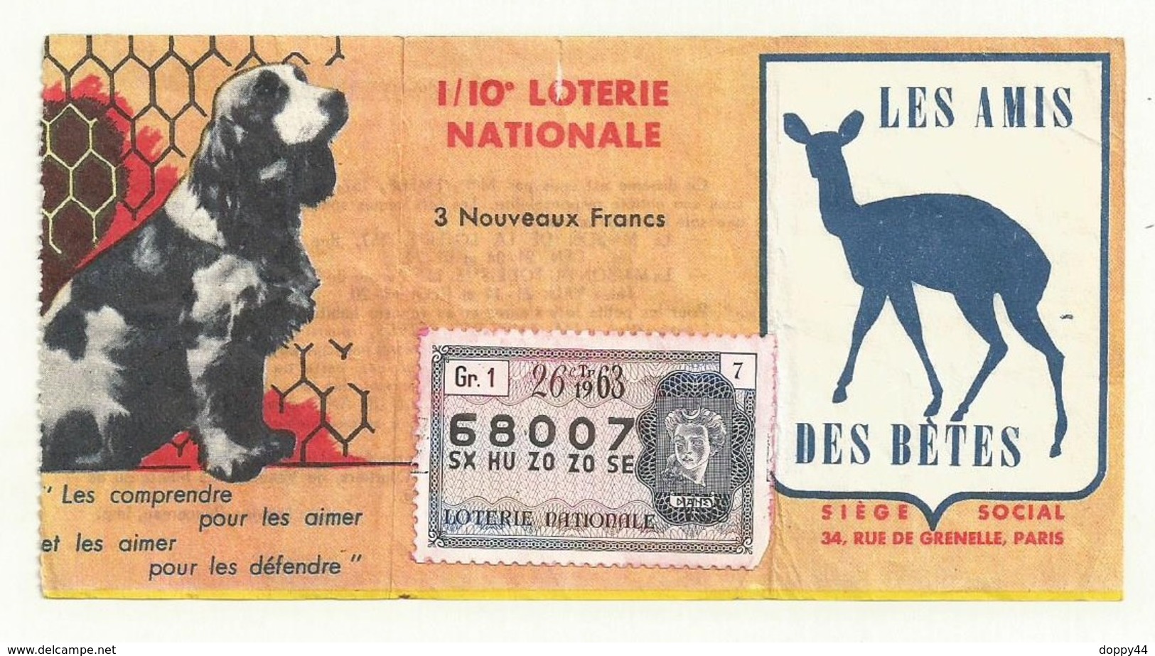 BILLET DE LOTERIE  LES AMIS DES BETES 1963 - Billets De Loterie