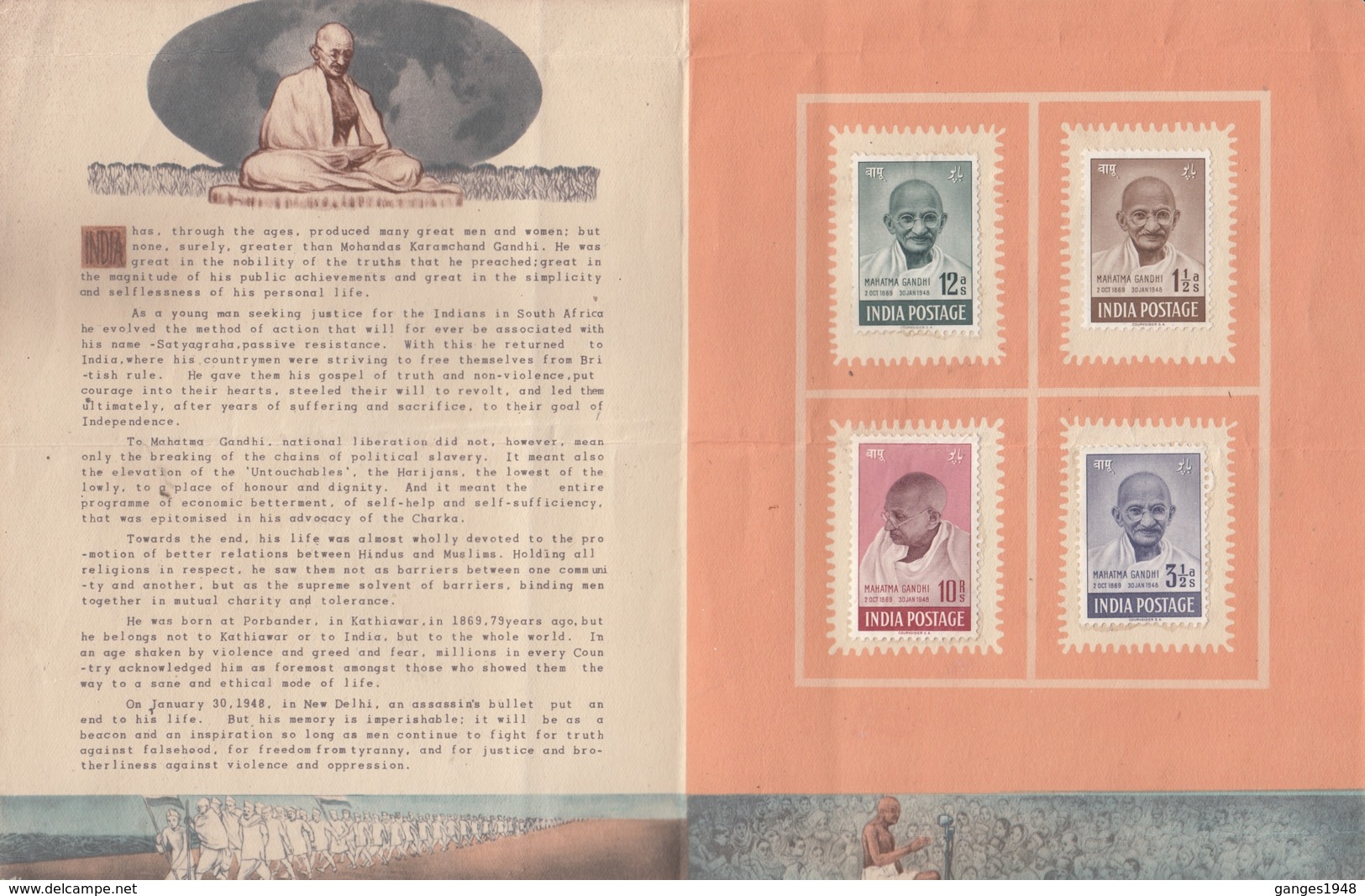 India  1948  Mahatma Gandhi  Mint  4v Set  On Brochure  Without Cancellation # 16227  D  Inde Indien - Mahatma Gandhi