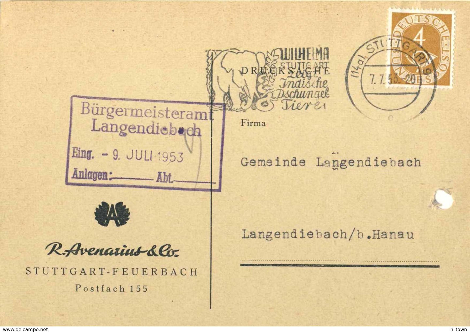 4268  Eléphant, Serpent: Flamme D'Allemagne, 1953 - Elephant, Snake Slogan Cancel From Stuttgart, Germany. India, Jungle - Elefanten