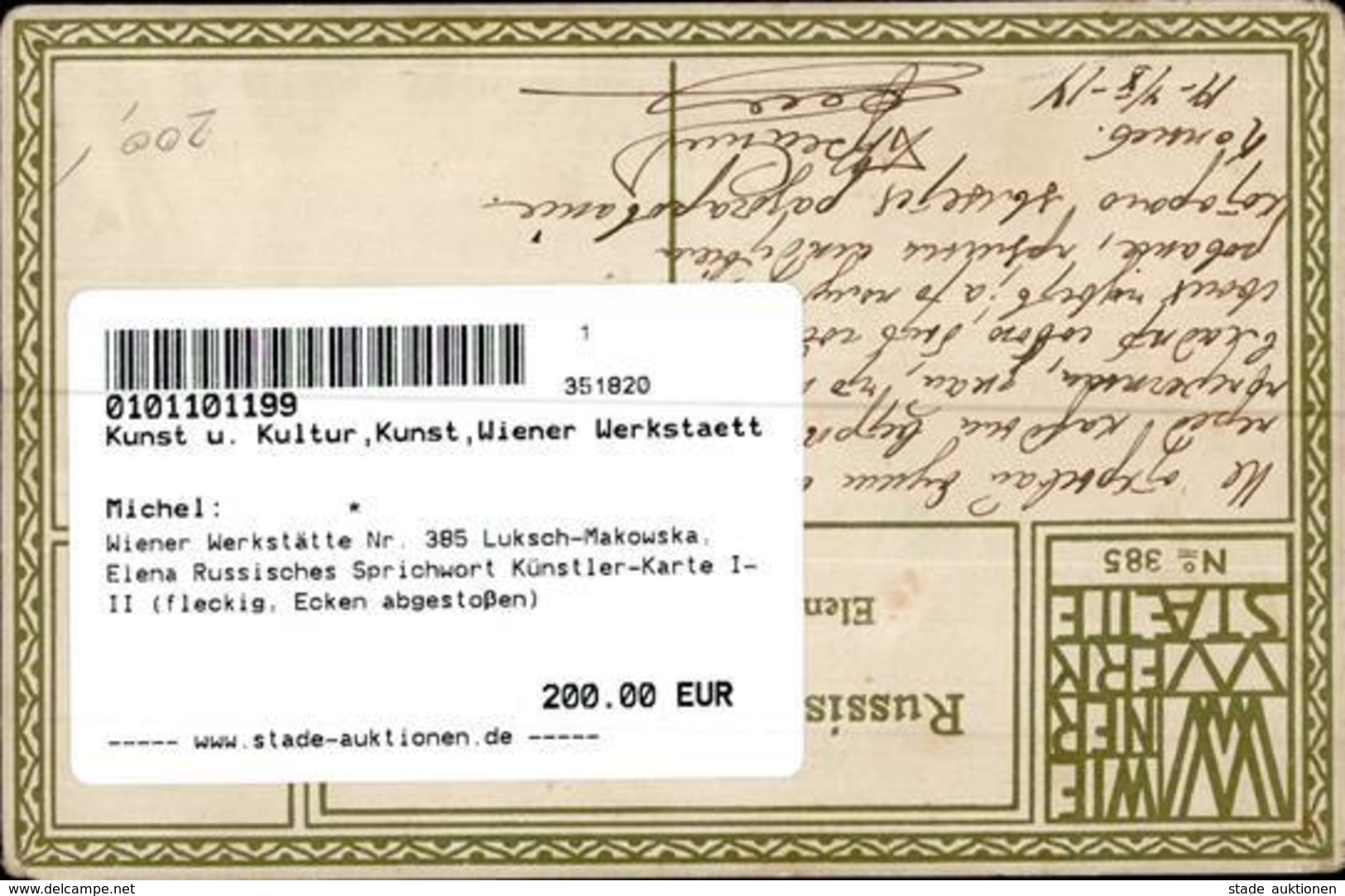 Wiener Werkstätte Nr. 385 Luksch-Makowska, Elena Russisches Sprichwort Künstler-Karte I-II (fleckig, Ecken Abgestoßen) - Kokoschka