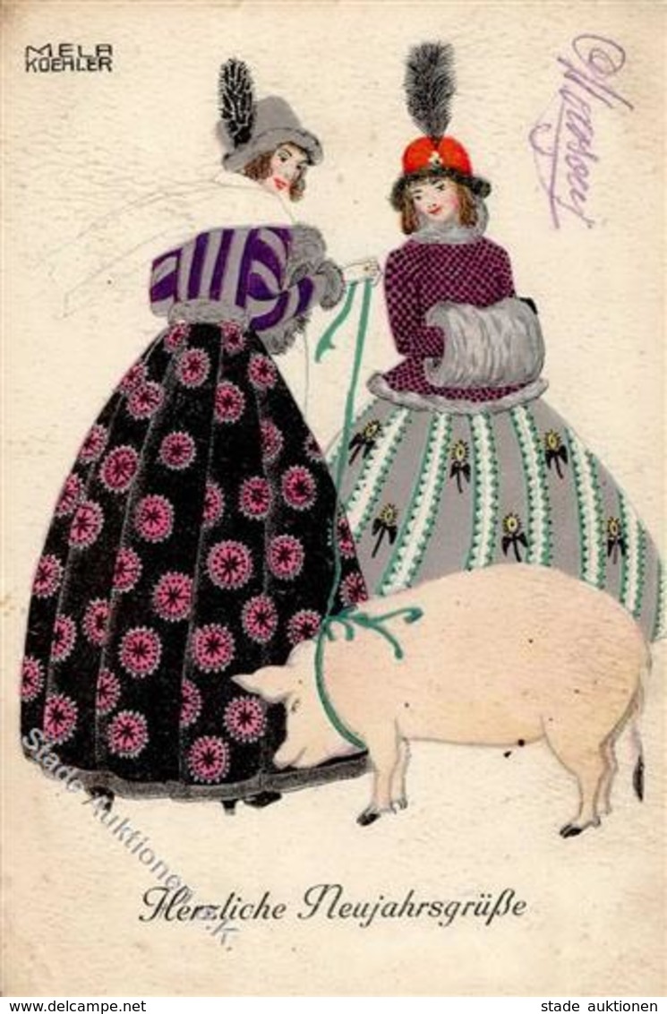 Koehler, Mela Frauen Schwein Neujahr Künstler-Karte 1917 I-II (fleckig) Cochon Bonne Annee Femmes - Moser