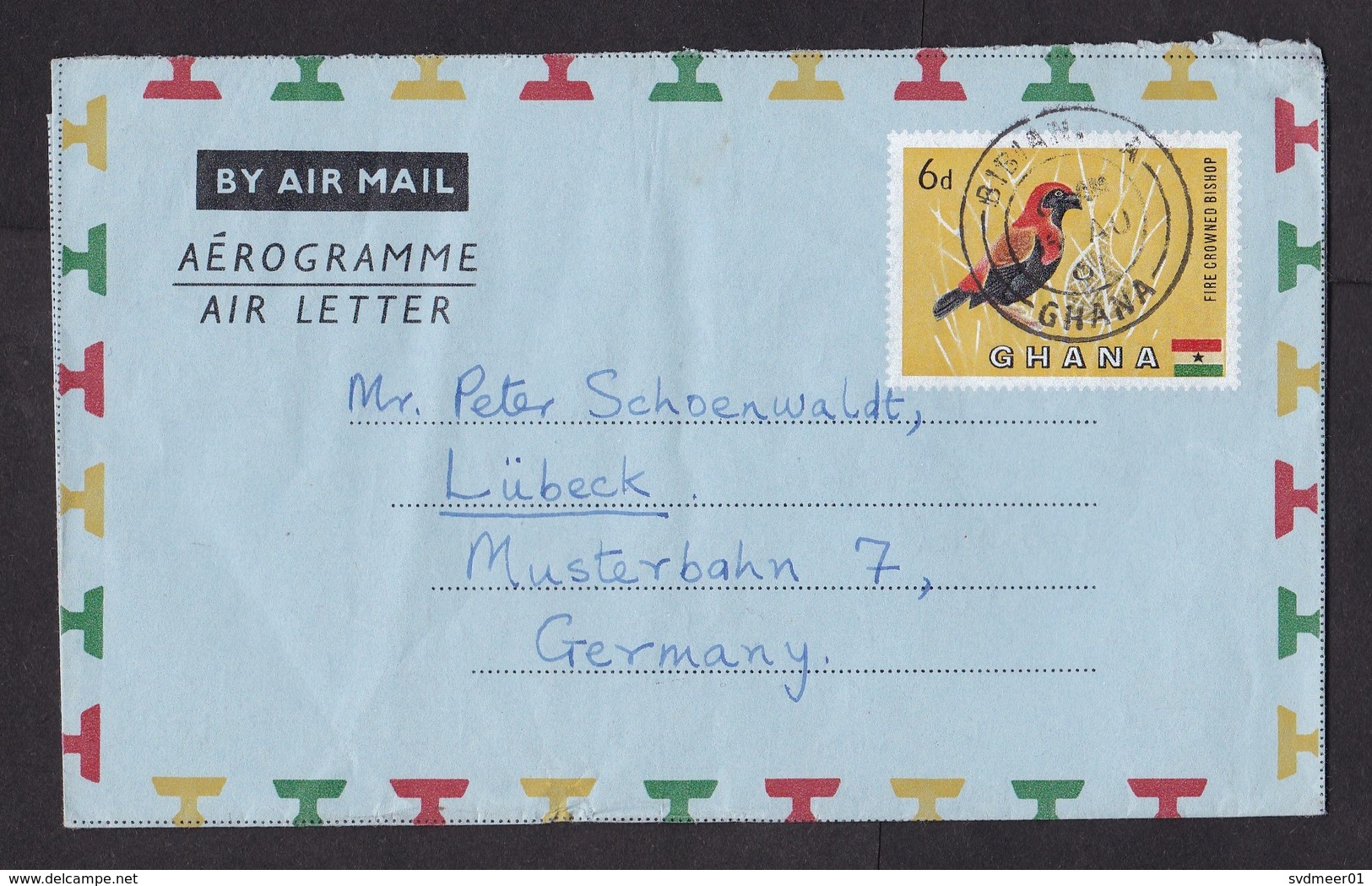 Ghana: Stationery Aerogramme To Germany, 1961, Bird, Cancel Bibiani, Air Letter (traces Of Use) - Ghana (1957-...)