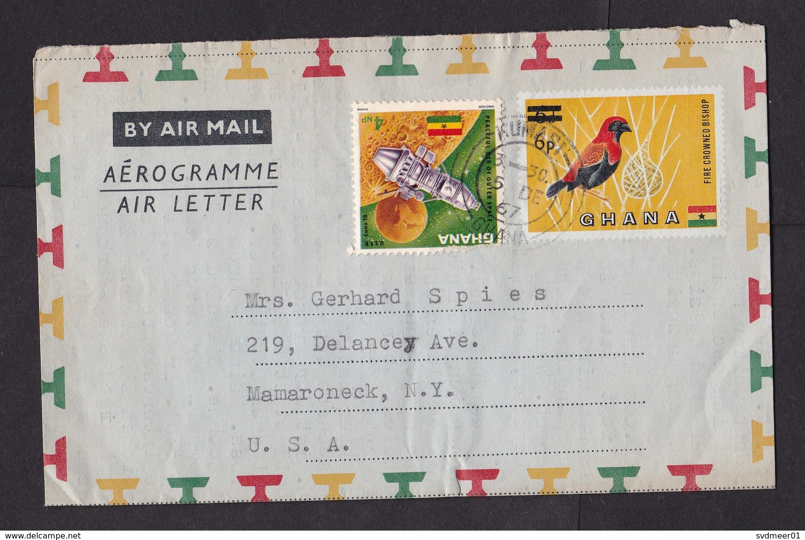 Ghana: Stationery Aerogramme To Germany, 1967, Value Overprint, Extra Stamp, Bird, Cancel Kumasi (stamp Damaged) - Ghana (1957-...)