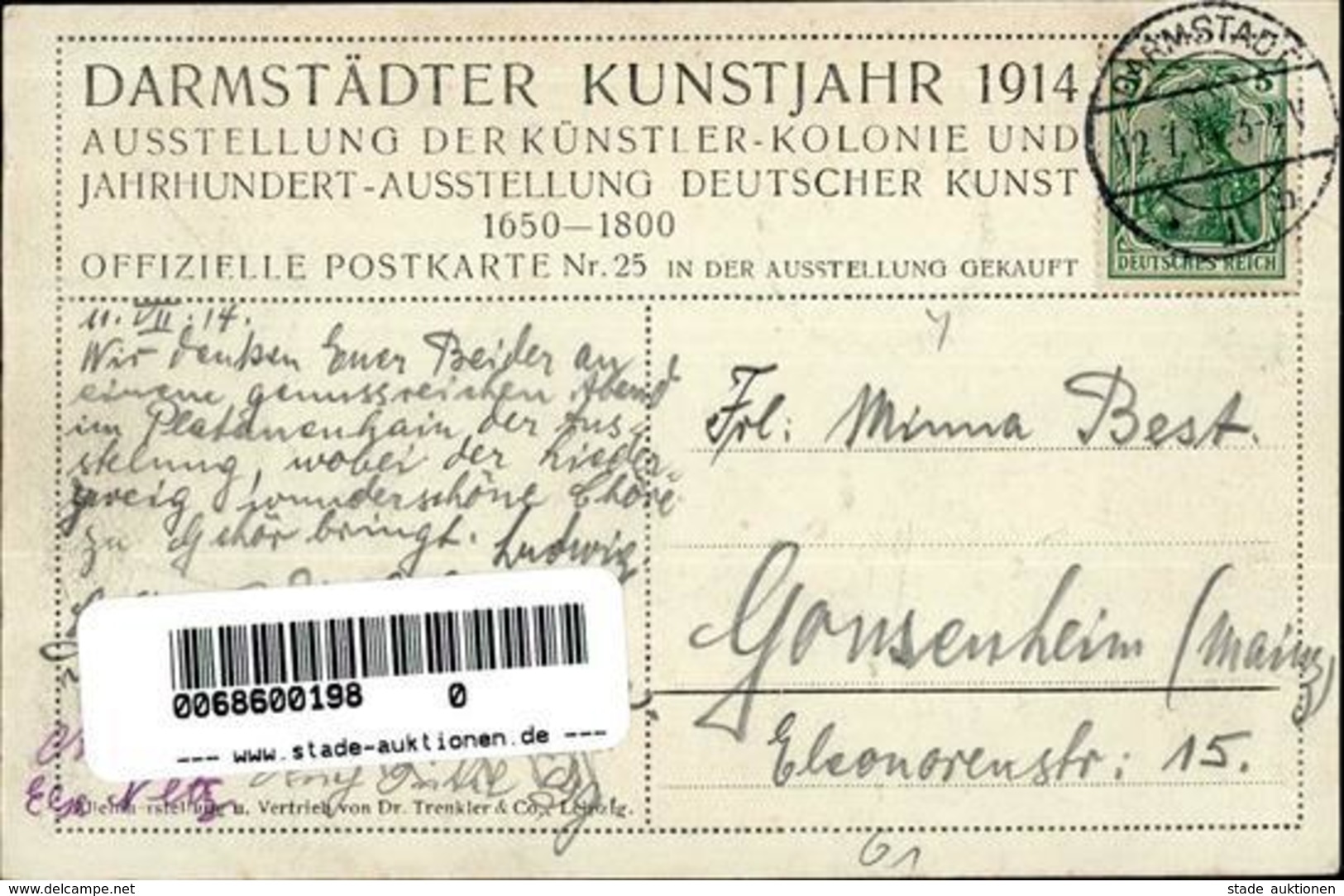 Kunstgeschichte Darmstadt Ausstellung Der Künstler-Kolonie Musiksaal Des Großherzogs. Entw. Müller, Albin Prof. 1914 I-I - Christiansen