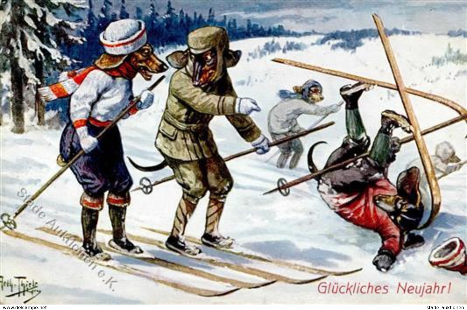 Thiele, Arthur Dackel Personifiziert Ski Laufen Künstlerkarte 1911 I-II - Thiele, Arthur