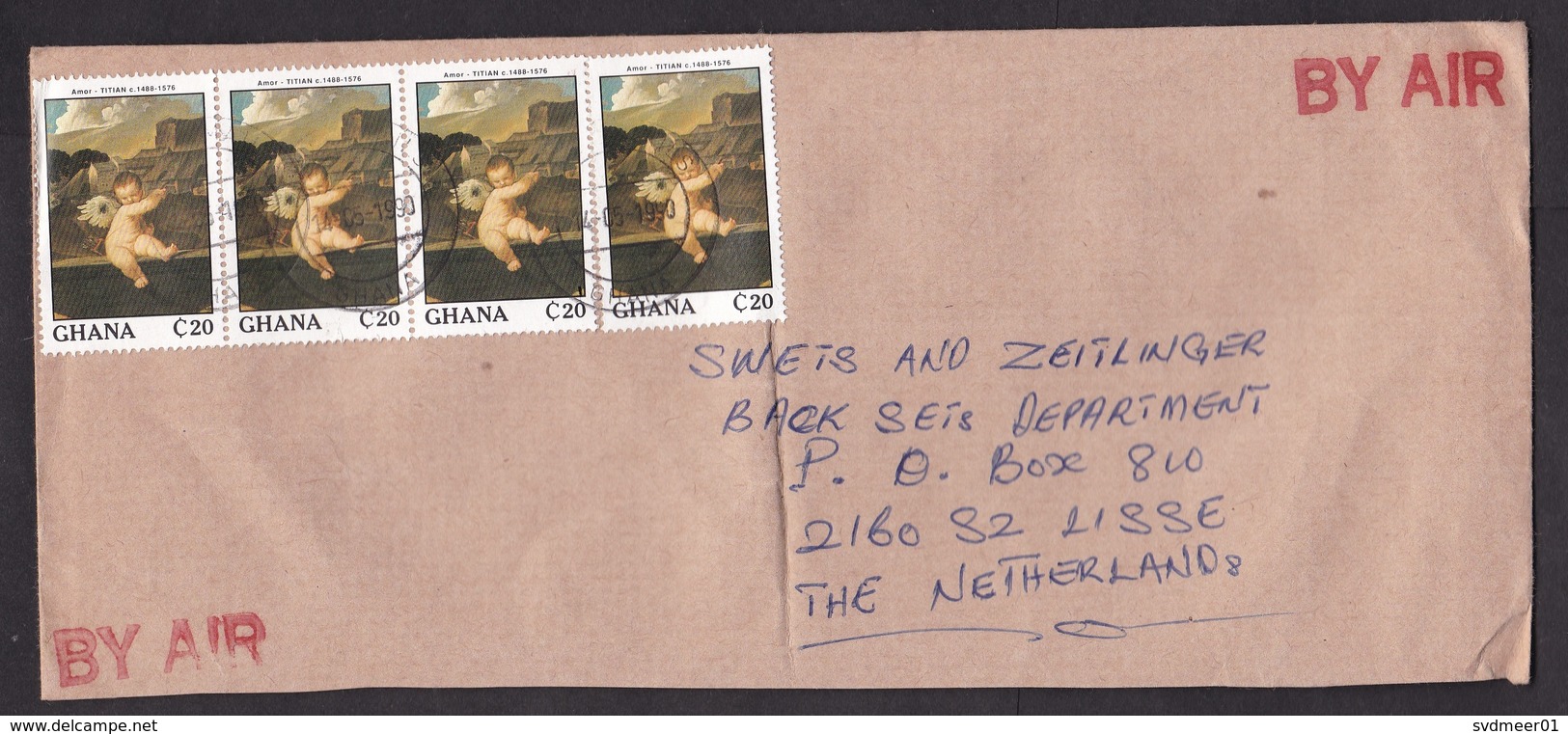 Ghana: Airmail Cover To Netherlands, 1990, 4 Stamps, Christmas, Painting Titian, Angel, Art (minor Damage) - Ghana (1957-...)