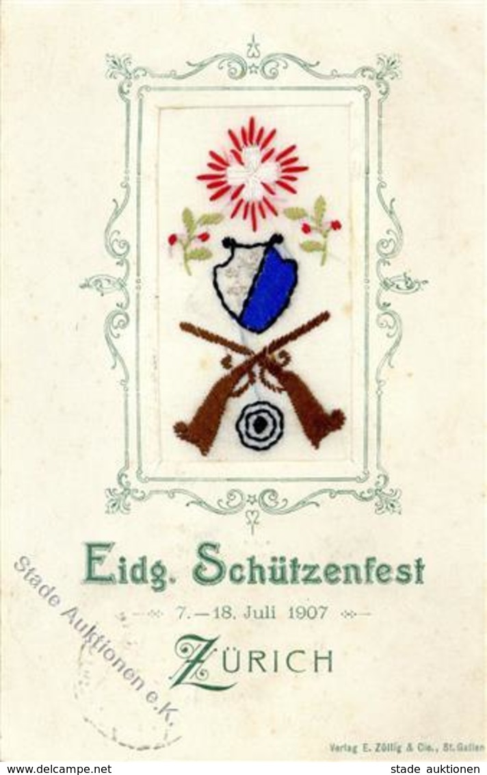 Seide Gestickt Zürich Schweiz Eidg. Schützenfest 1907 I-II (fleckig) Soie - Other & Unclassified