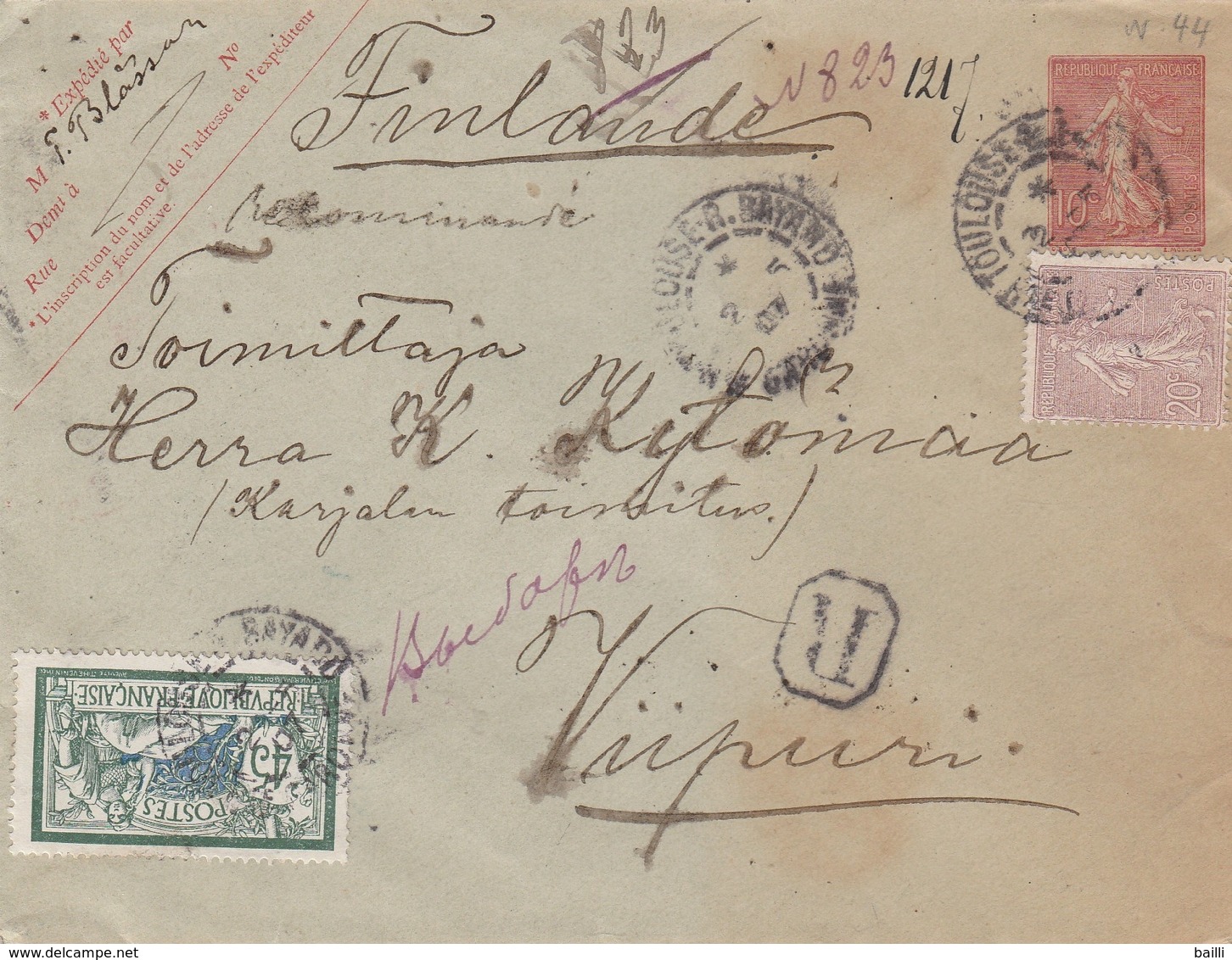 France Entier Postal Recommandé Toulouse Pour La Finlande 1907 - Enveloppes Types Et TSC (avant 1995)