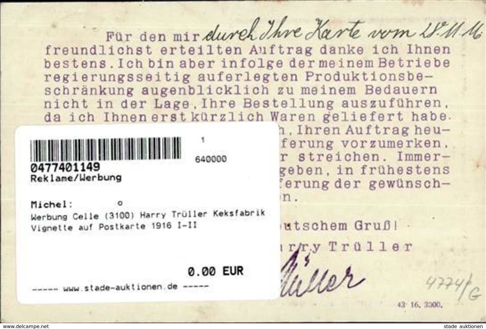 Werbung Celle (3100) Harry Trüller Keksfabrik Vignette Auf Postkarte 1916 I-II Publicite - Advertising