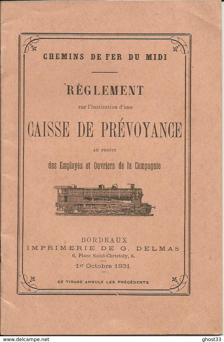 CHEMINS DE FER DU MIDI - Règlement Sur L'Institution D'une Caisse De Prévoyance - BORDEAUX - 1er Octobre 1931 - Ferrovie