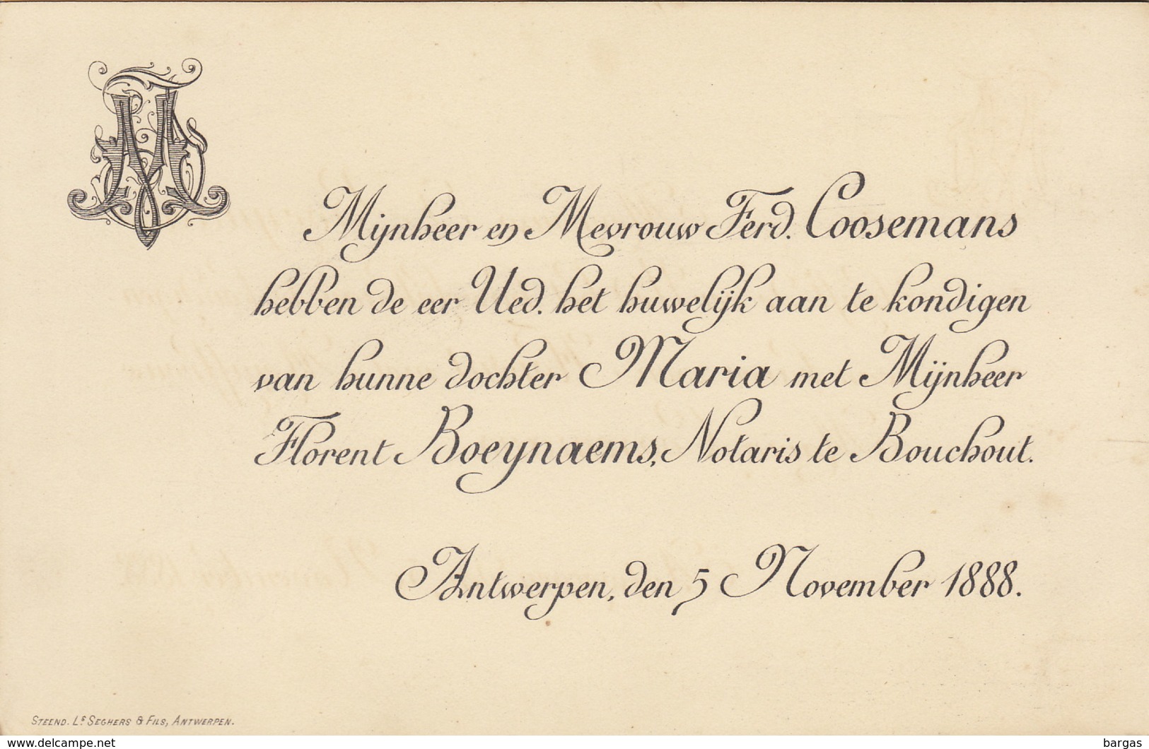 Mariage De Boeynaems Notaire Coosemans 1888 Anvers - Mariage